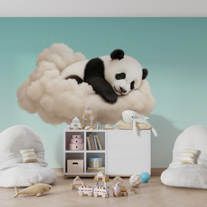 Kinderzimmer Tapete | Schlafender Panda auf einer Wolke und Hintergrund in Farbverlauf