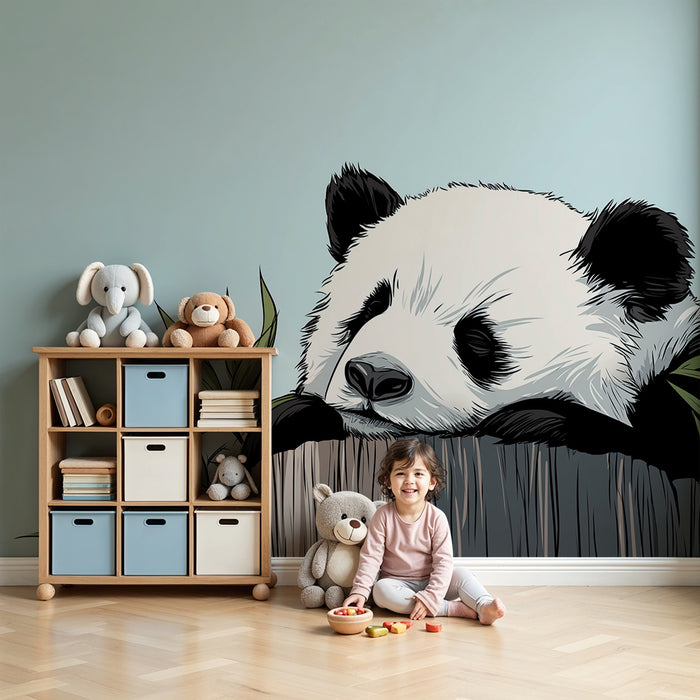 Kinderzimmer Tapete | Schlafender Panda auf einem Baumstamm mit Bambusblättern