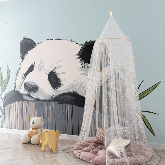 Kinderzimmer Tapete | Schlafender Panda auf einem Baumstamm mit Bambusblättern