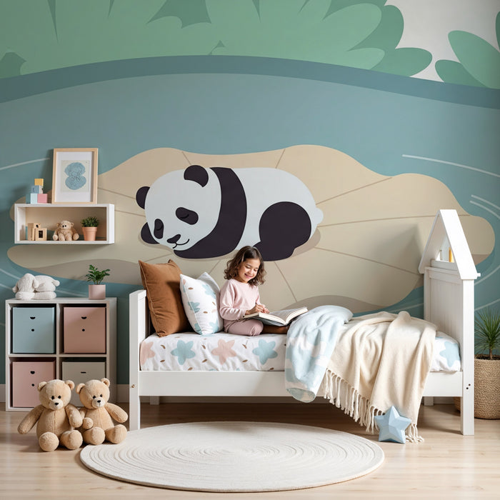 Kinderzimmer Tapete | Schlafender Panda auf einem Blatt
