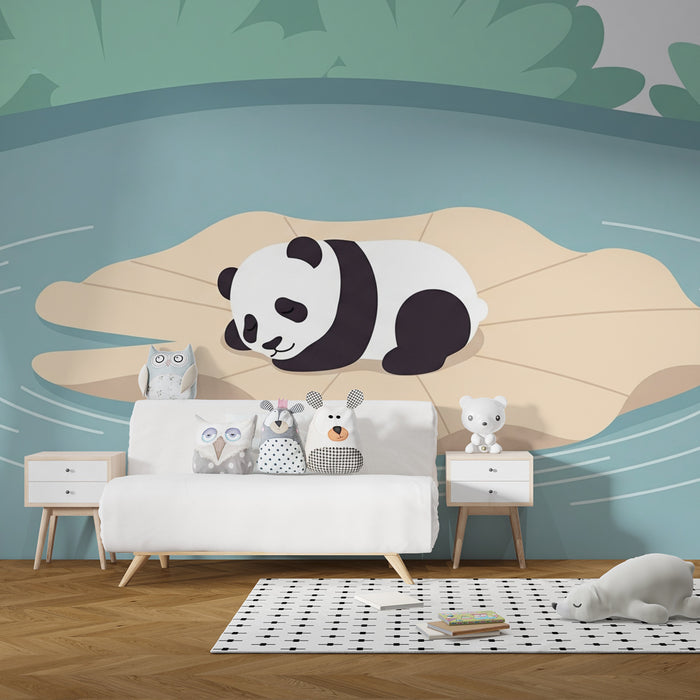 Kinderzimmer Tapete | Schlafender Panda auf einem Blatt