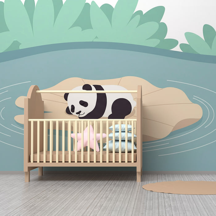 Kinderzimmer Tapete | Schlafender Panda auf einem Blatt