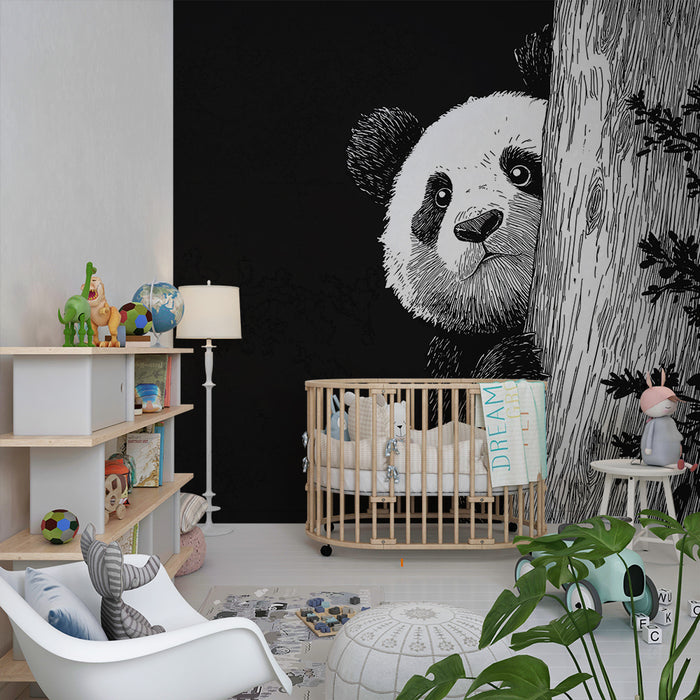Barntapet | Lekfull panda gömd bakom ett träd