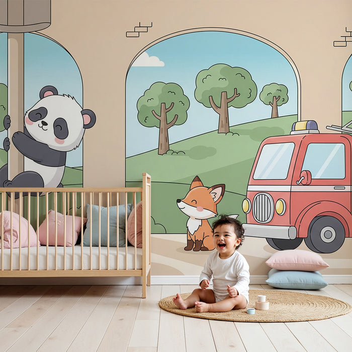 Gyermekszoba tapéta | Kíváncsi panda és róka