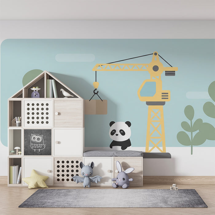 Tapet pentru cameră de copii | Panda și macara de construcție