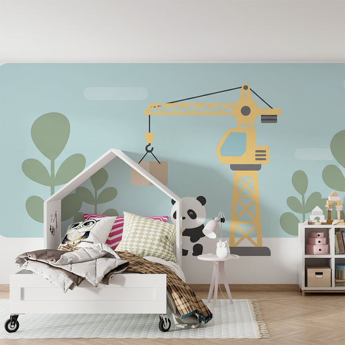 Tapet pentru cameră de copii | Panda și macara de construcție
