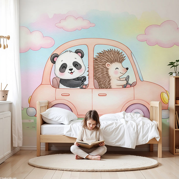 Papier peint chambre enfant | Panda et hérisson en voiture