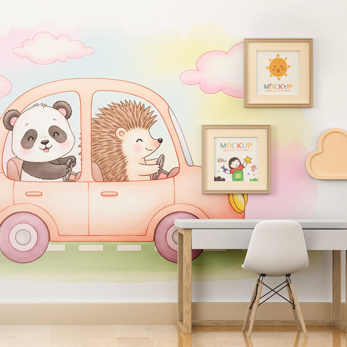 Papier peint chambre enfant | Panda et hérisson en voiture