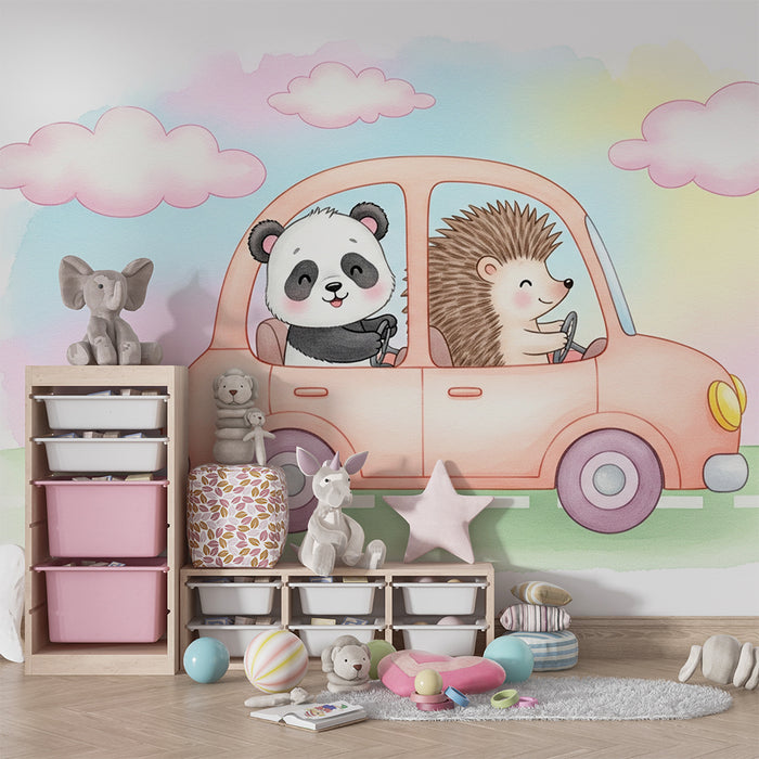 Papier peint chambre enfant | Panda et hérisson en voiture