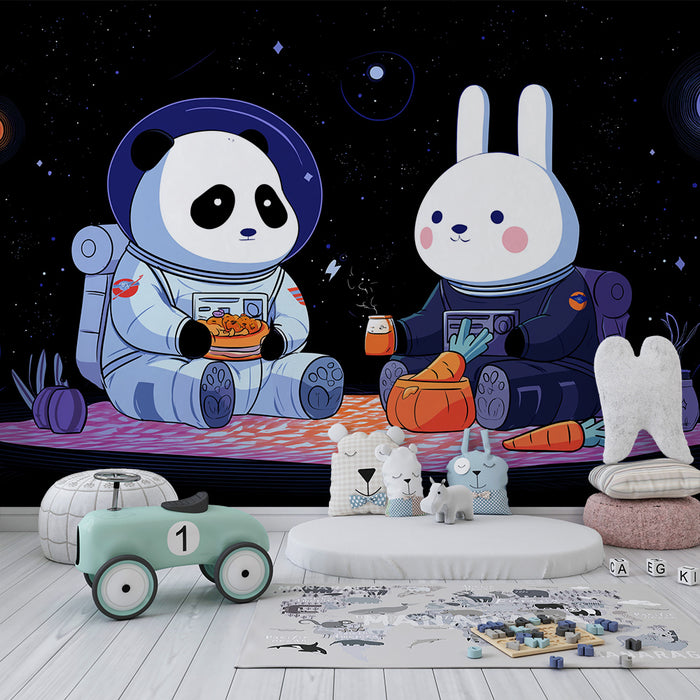 Papier peint chambre enfant | Panda et lapin astronautes partageant un moment convivial dans l'espace