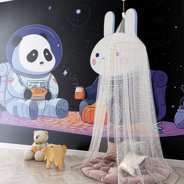 Papier peint chambre enfant | Panda et lapin astronautes partageant un moment convivial dans l'espace