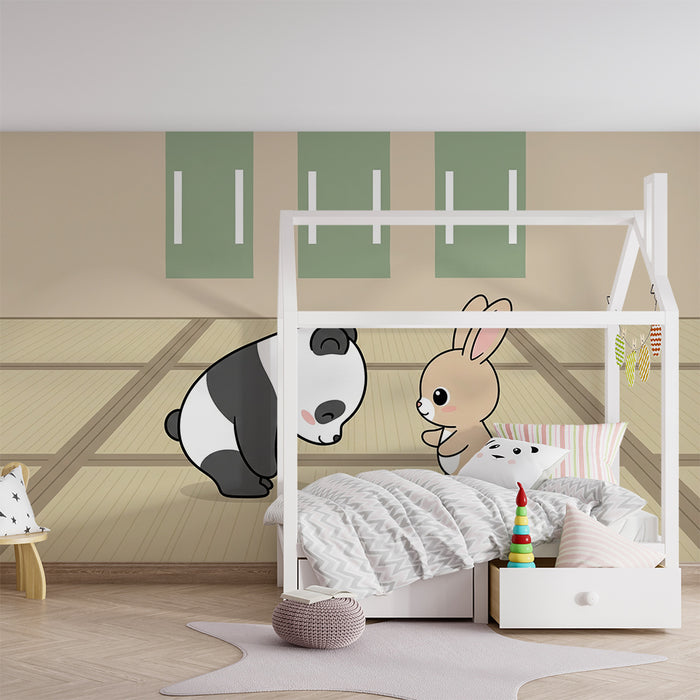 Papel de parede criança | Panda e coelho em amizade