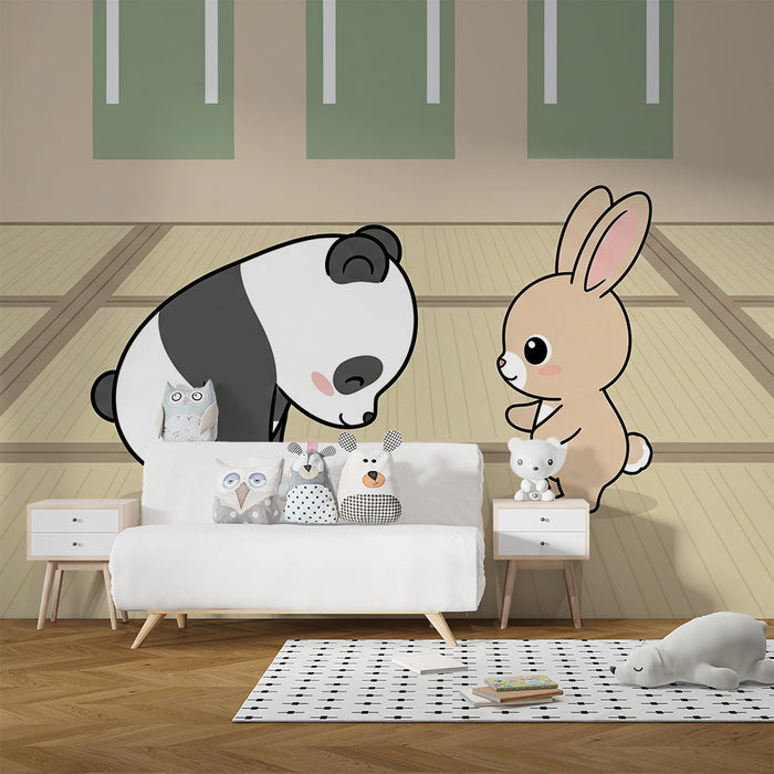 Papel de parede criança | Panda e coelho em amizade