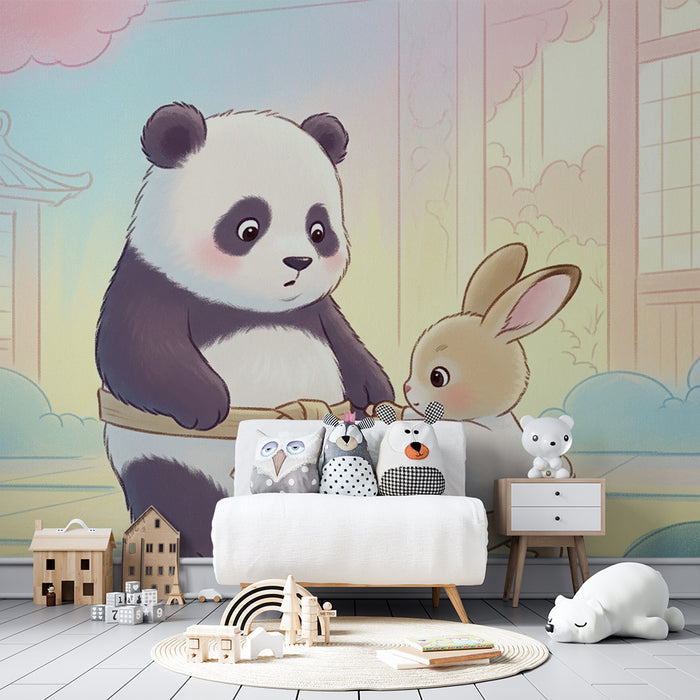 Papel de parede criança | Panda e coelho em plena aventura