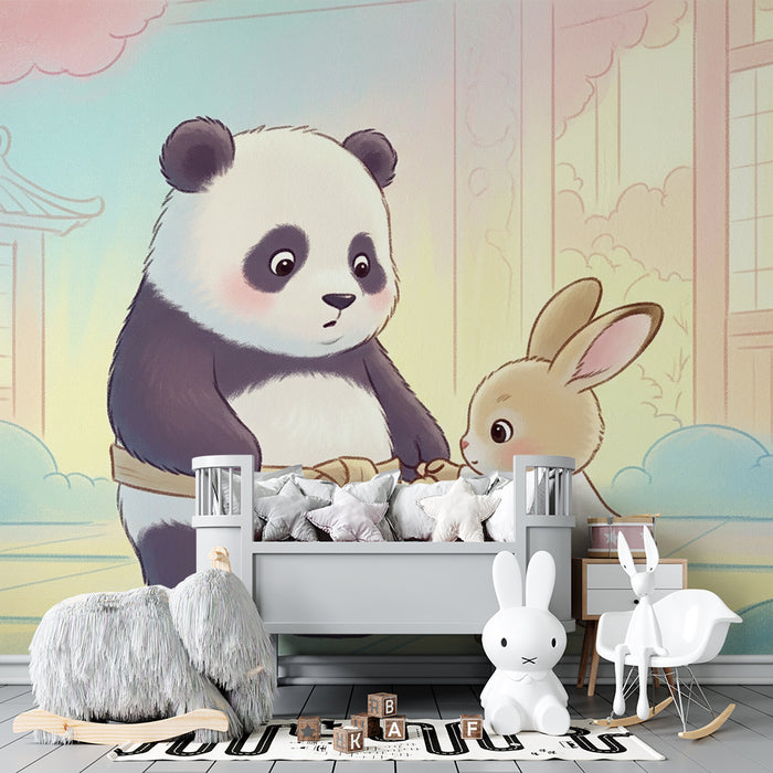 Papel de parede criança | Panda e coelho em plena aventura