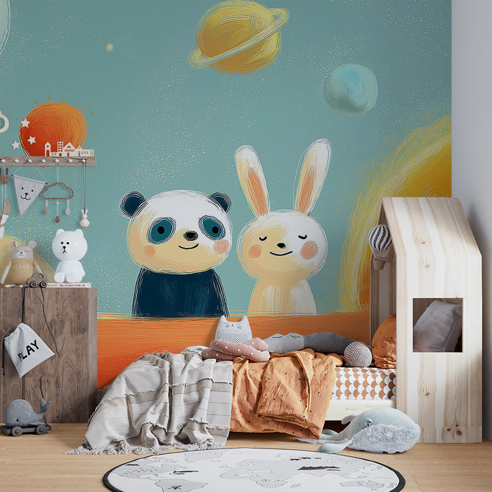 Carta da parati bambini | Panda e coniglio esploratori dello spazio