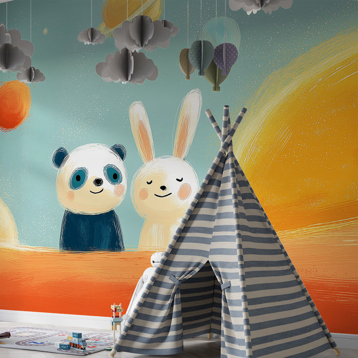 Papier peint chambre enfant | Panda et lapin explorateurs de l'espace