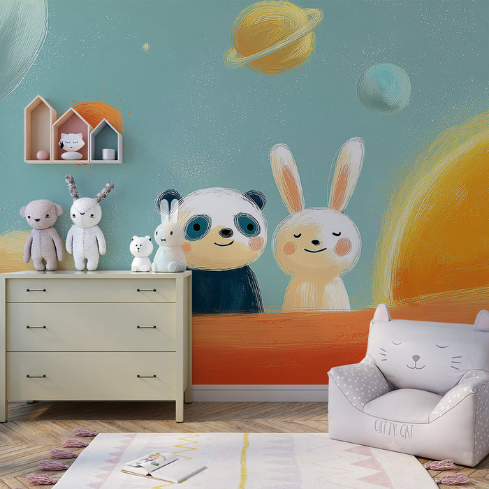 Papier peint chambre enfant | Panda et lapin explorateurs de l'espace