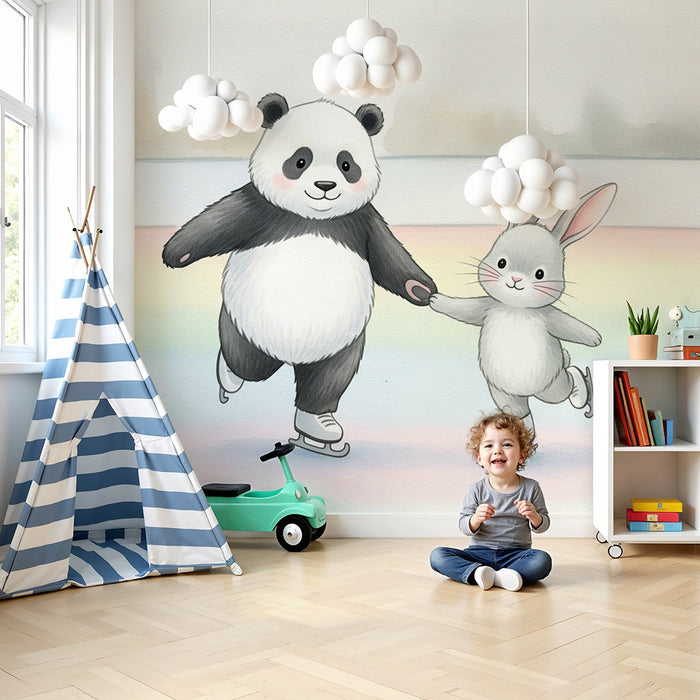 Papier peint chambre enfant | Panda et lapin patinant sur glace
