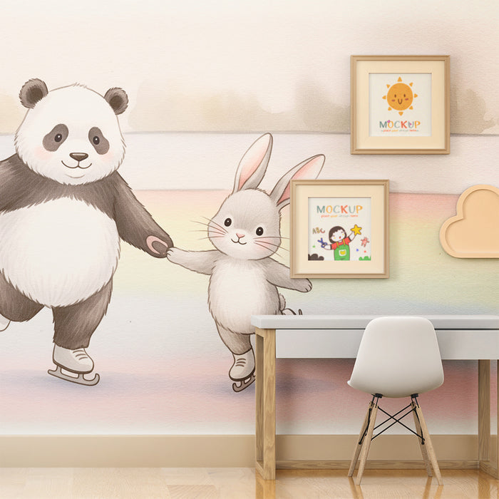 Papier peint chambre enfant | Panda et lapin patinant sur glace