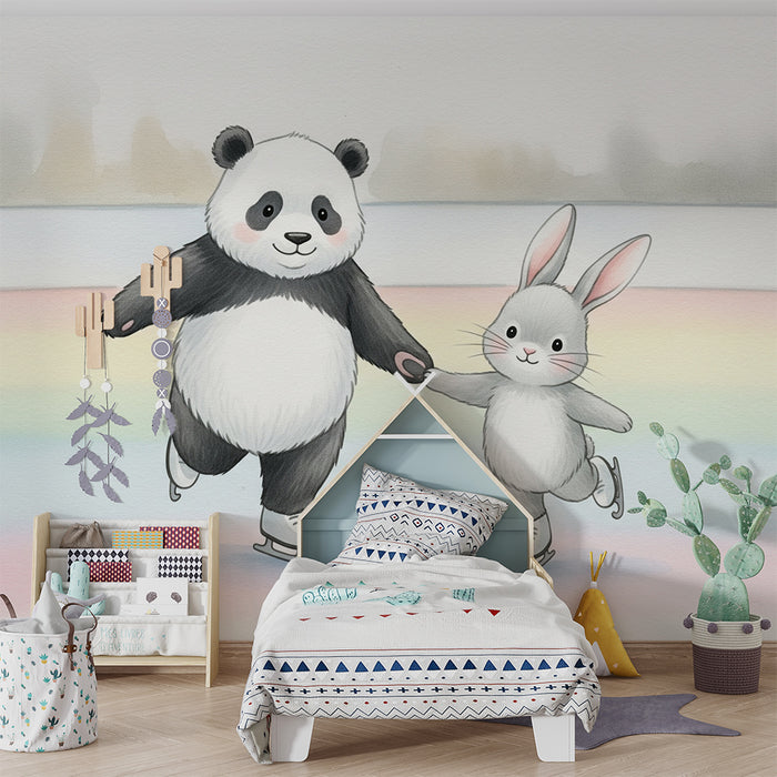 Papier peint chambre enfant | Panda et lapin patinant sur glace