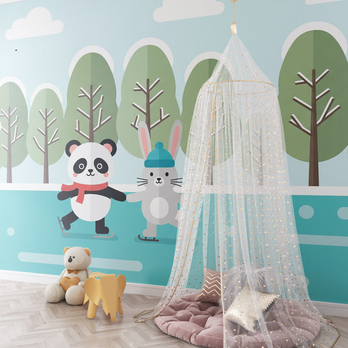 Tapeta dětského pokoje | Panda a králík bruslící na ledu