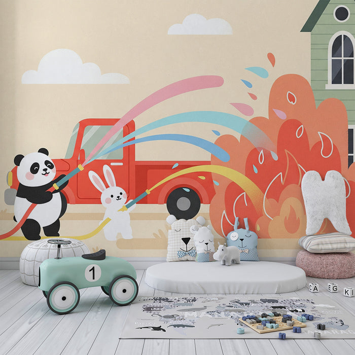 Gyermekszoba tapéta | Panda és tűzoltó nyuszi