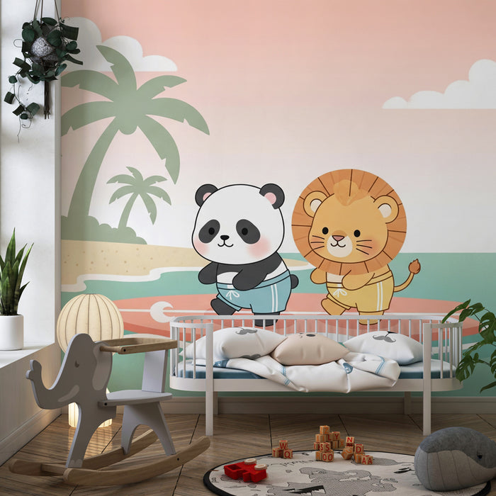 Papier peint chambre enfant | Panda et lion sur une planche de surf