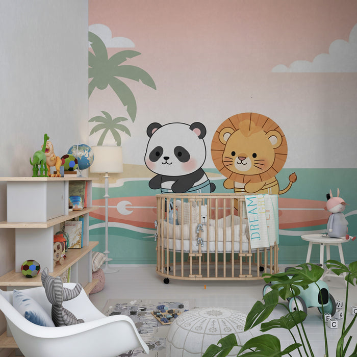 Papier peint chambre enfant | Panda et lion sur une planche de surf