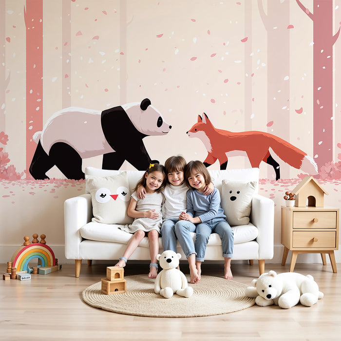 Carta da parati bambini | Panda e volpe in una foresta incantata