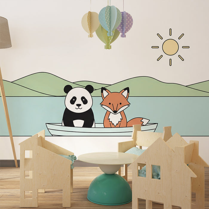 Carta da parati bambini | Panda e volpe in barca su un lago tranquillo