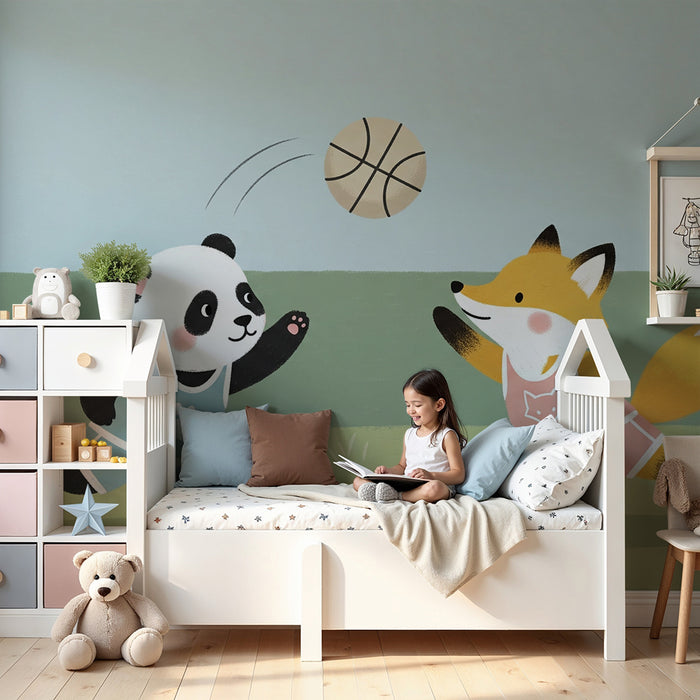 Papel de parede criança | Panda și vulpea jucându-se baschet
