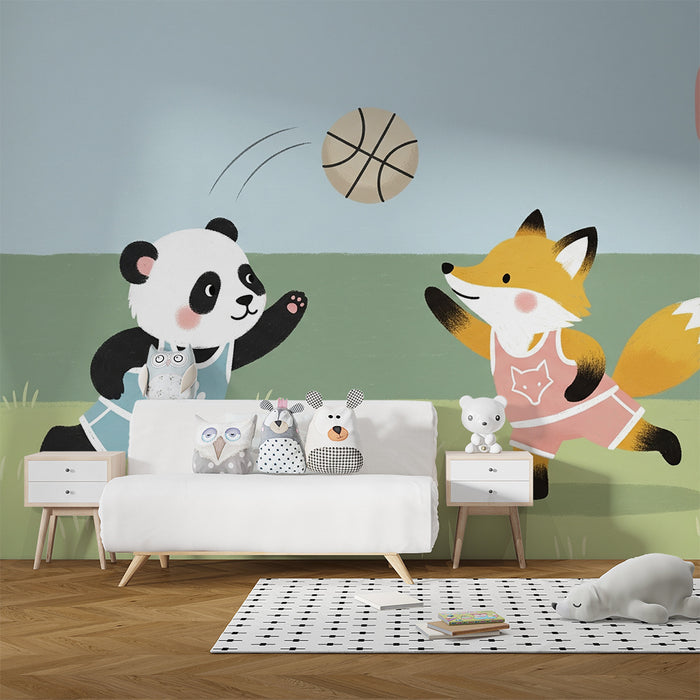 Papel de parede criança | Panda și vulpea jucându-se baschet