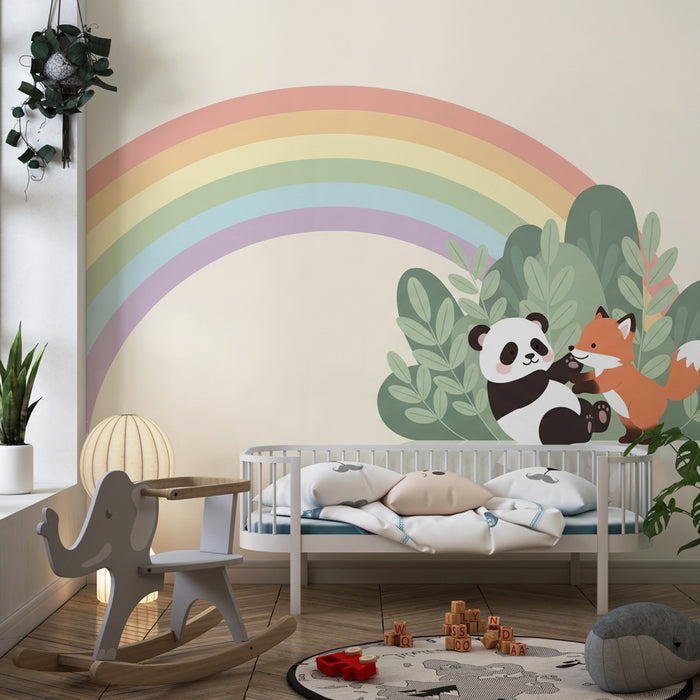 Detská izba tapeta | Panda a líška pod dúhou