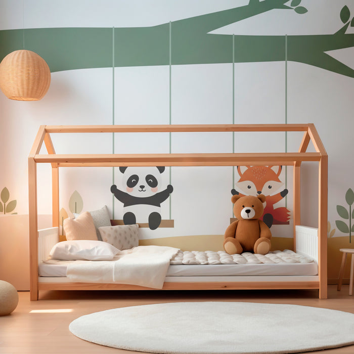 Papier peint chambre enfant | Panda et renard sur balançoires
