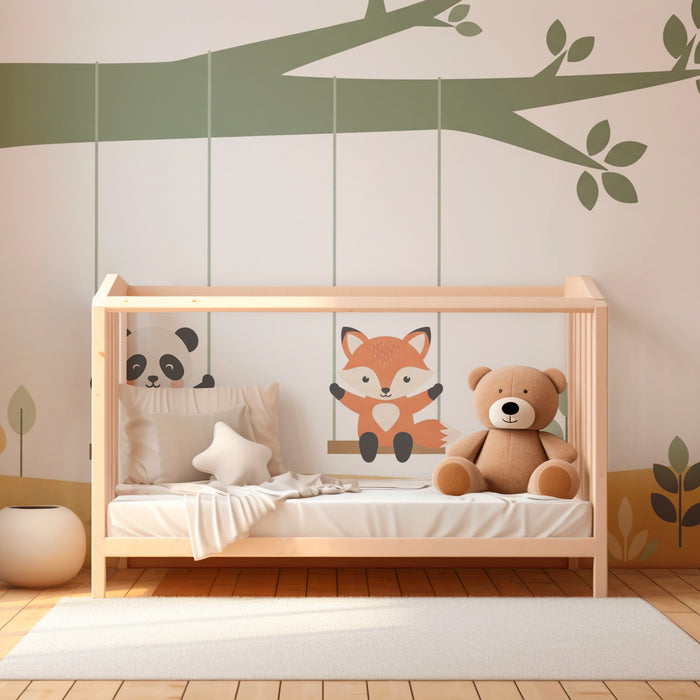 Papier peint chambre enfant | Panda et renard sur balançoires