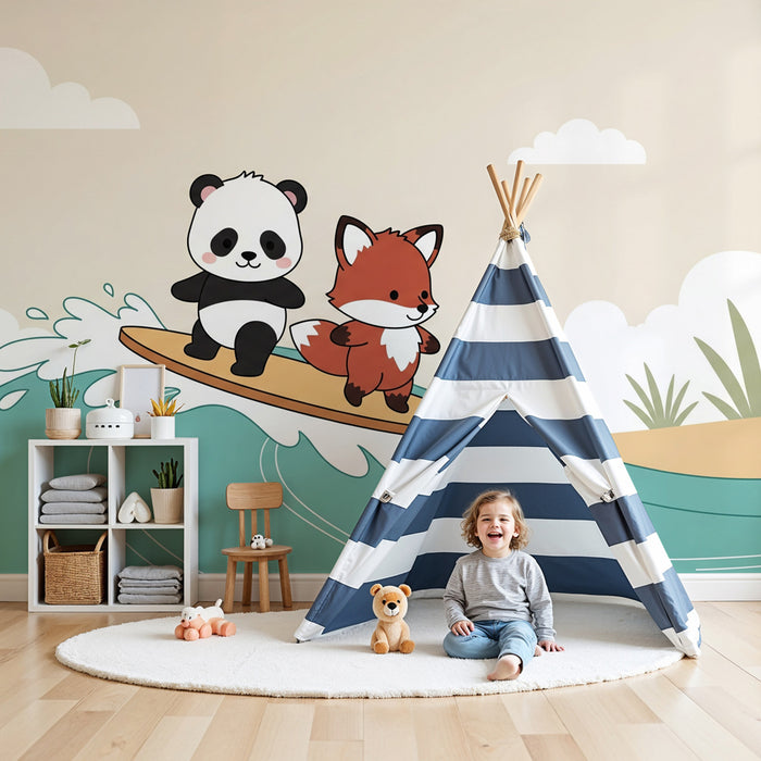 Papier peint chambre enfant | Panda et renard sur les vagues