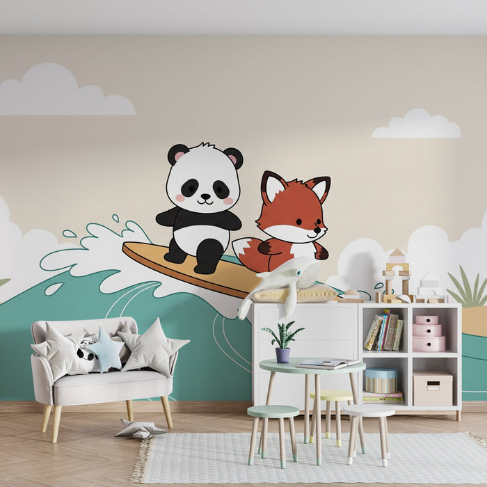 Papier peint chambre enfant | Panda et renard sur les vagues