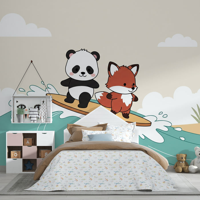 Papier peint chambre enfant | Panda et renard sur les vagues