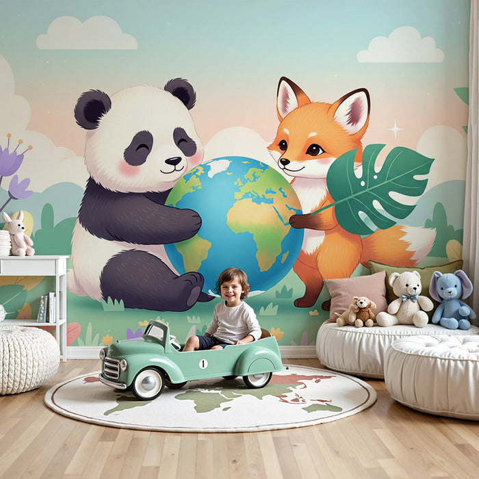 Papel de parede criança | Panda e raposa segurando o globo em um cenário floral
