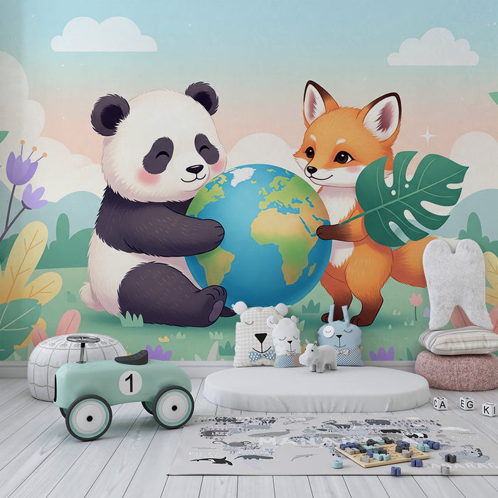 Papel de parede criança | Panda e raposa segurando o globo em um cenário floral