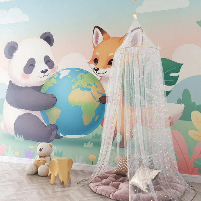 Papel de parede criança | Panda e raposa segurando o globo em um cenário floral