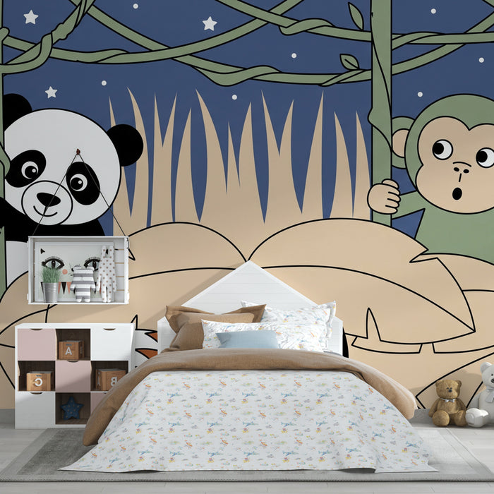 Dětská tapeta | Panda a opice v noční džungli