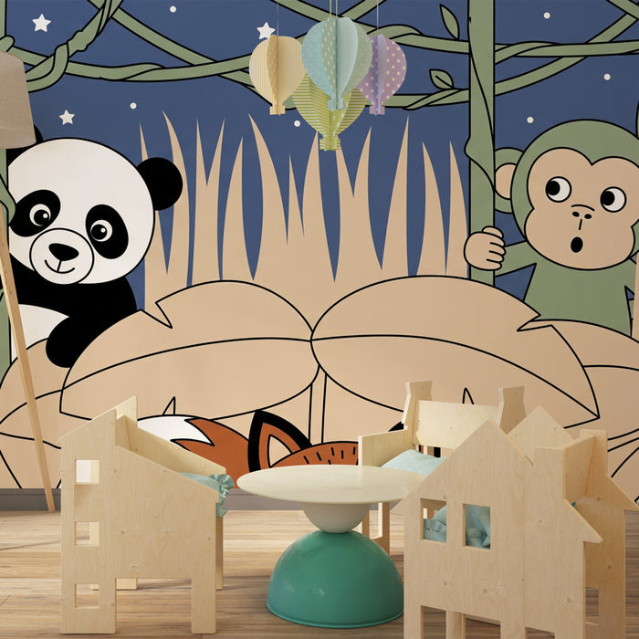 Dětská tapeta | Panda a opice v noční džungli