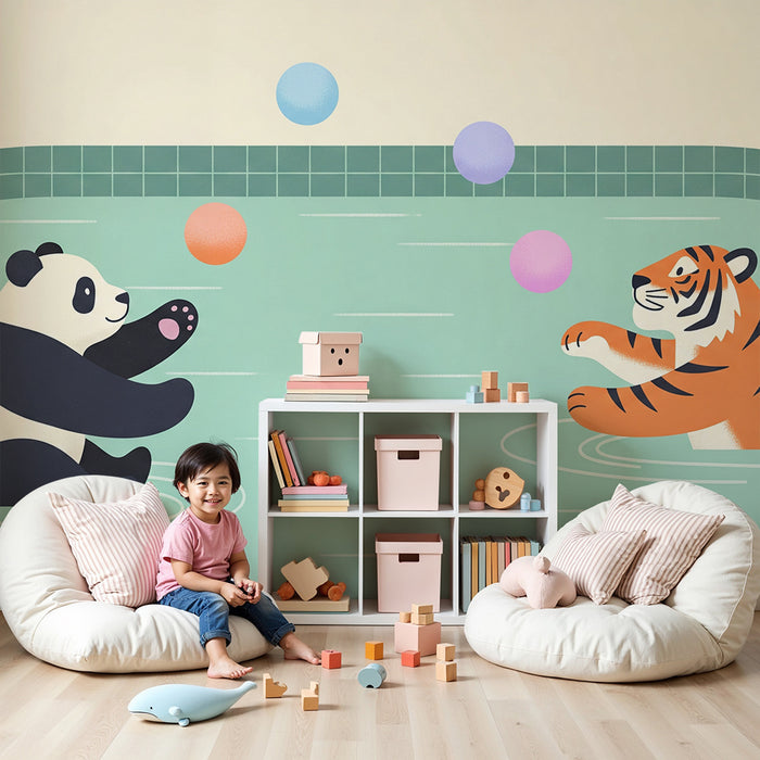 Detská izba tapeta | Panda a tiger hrajúci sa vo vode s farebnými balónmi