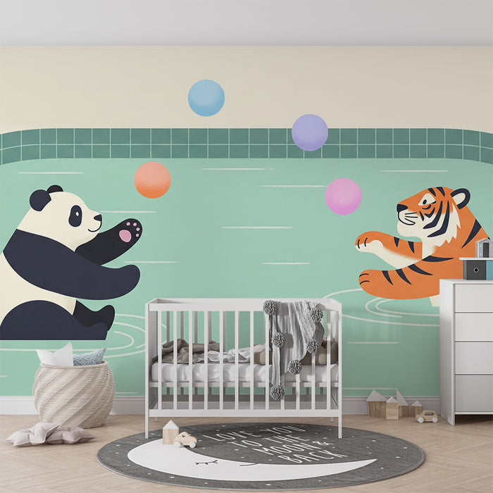 Detská izba tapeta | Panda a tiger hrajúci sa vo vode s farebnými balónmi