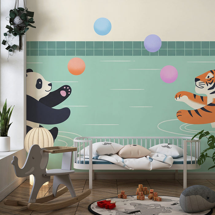 Detská izba tapeta | Panda a tiger hrajúci sa vo vode s farebnými balónmi