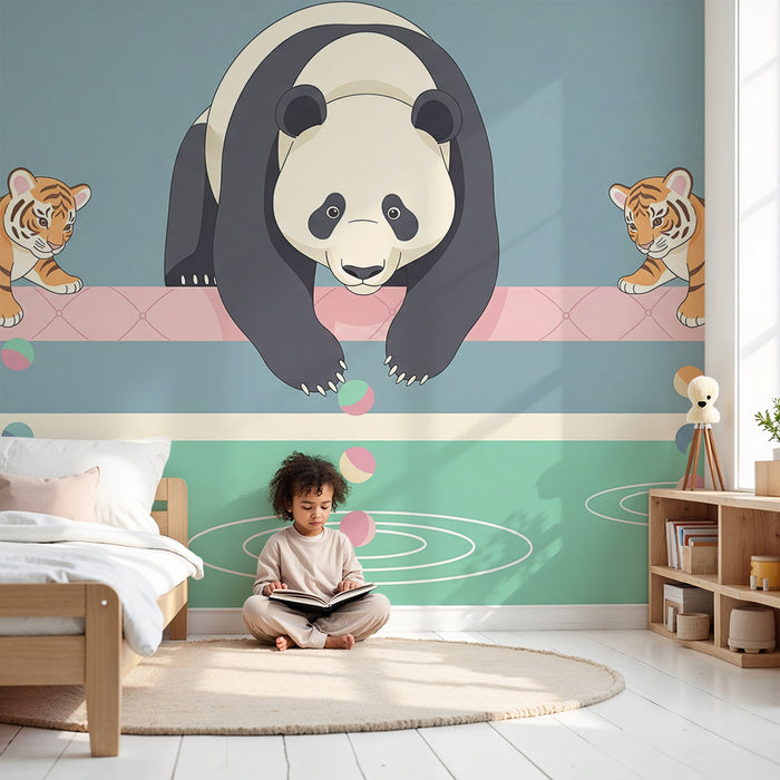 Kinderzimmer Tapete | Panda und spielende Tiger am Wasserufer