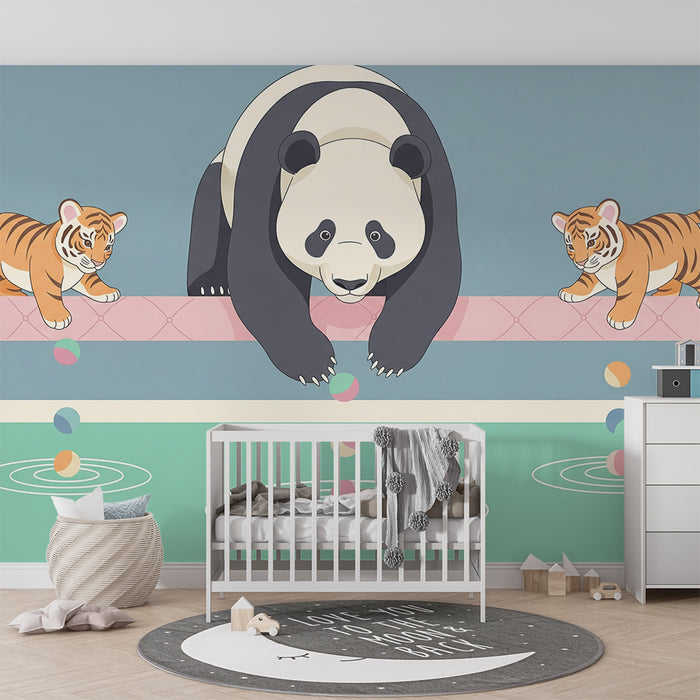 Kinderzimmer Tapete | Panda und spielende Tiger am Wasserufer