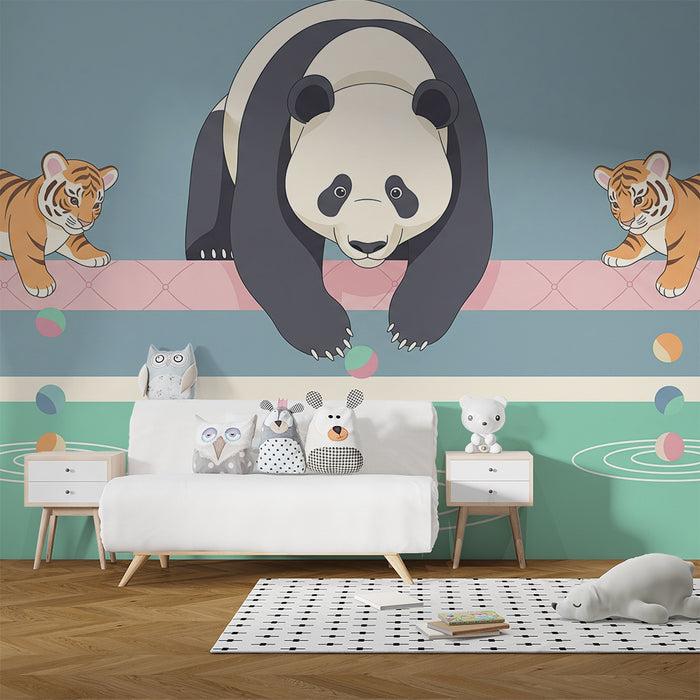 Kinderzimmer Tapete | Panda und spielende Tiger am Wasserufer